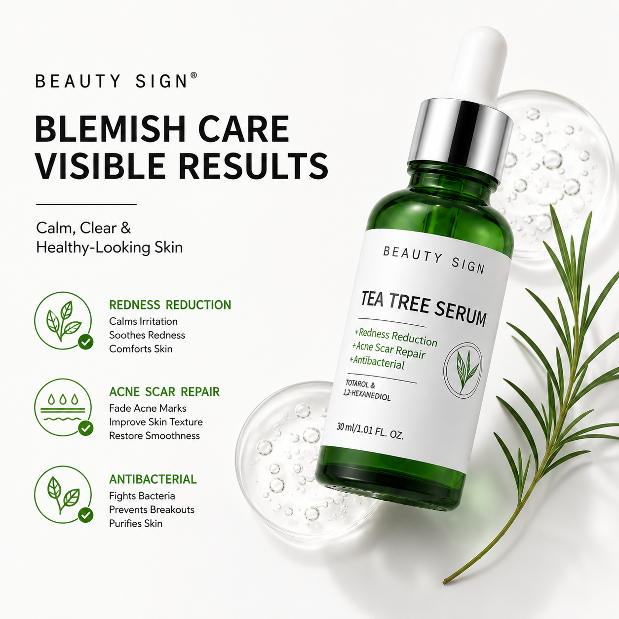 [FDA] [UK MADE] BEAUTY SIGN Anti Ageing Anti Mark & Blemish TEA TREE SERUM 30ml FOR SKIN REPAIR - SKINCARE